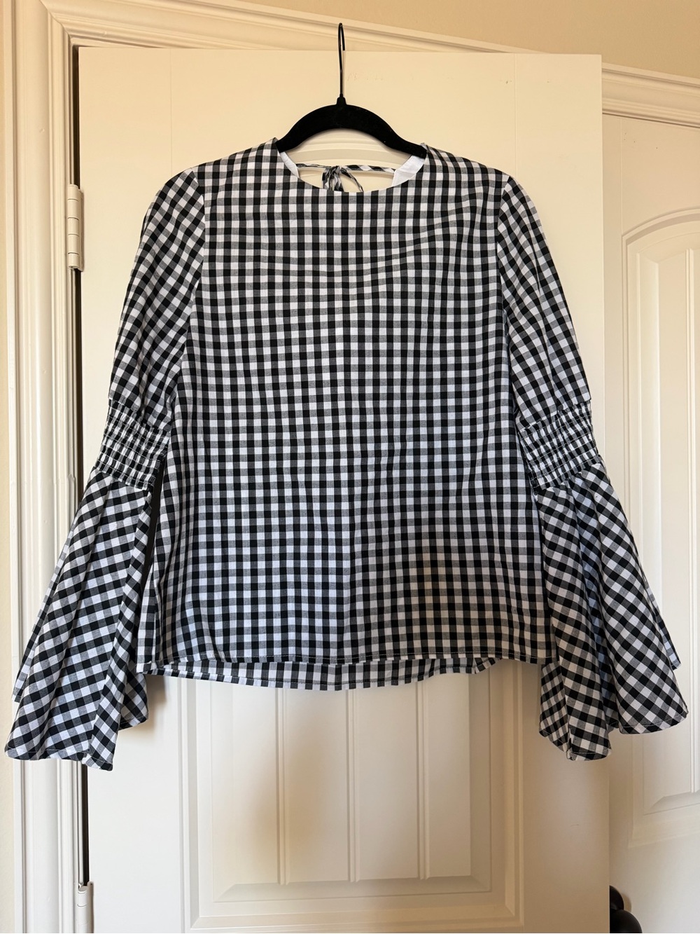 English Factory Black & White Gingham Bell Sleeve Blouse